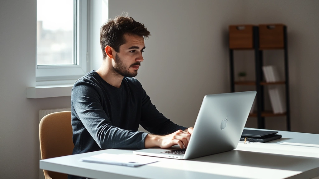 Person sitting at desk with natural light from window, completely focused on laptop, minimalist workspace, calm concentration expression, no visible screen content