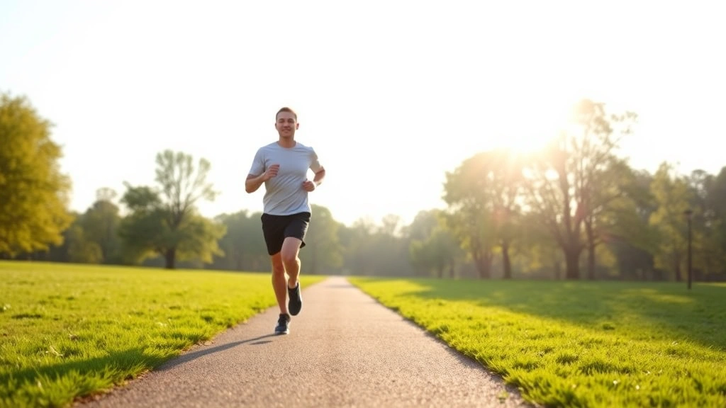 Individual jogging through green park pathway, morning sunlight, clear sky, athletic wear, healthy outdoor exercise scene, blurred trees in background