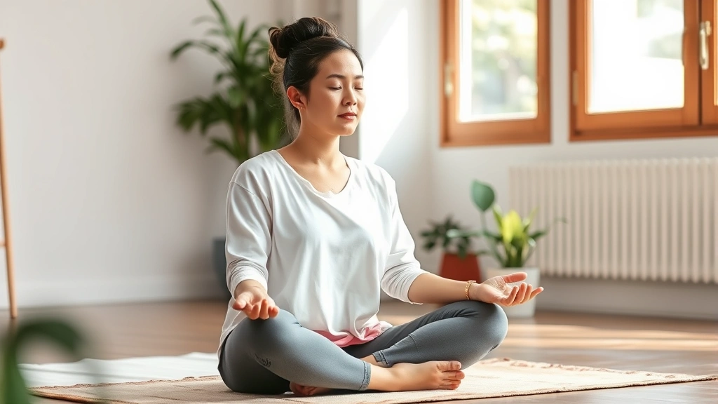 Woman meditating peacefully indoors, sitting cross-legged, serene expression, natural light, plants visible, calm breathing posture, no text or digital devices