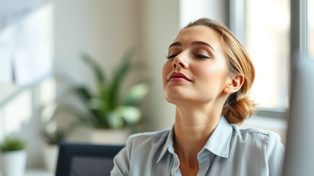 Professional woman with eyes closed, taking a deep breath at her desk during a work break, serene expression, natural office lighting, mindfulness moment, peaceful workplace concentration