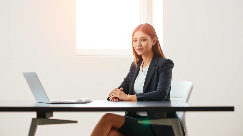Woman in professional attire sitting at a minimalist desk with a single laptop, hands folded calmly, warm natural light streaming through a window, serene focused expression, neutral background