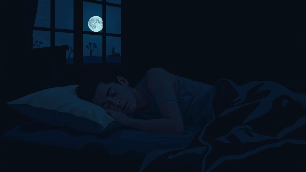 Person sleeping peacefully in a dark bedroom, head on pillow, relaxed posture, moonlight through window, restorative sleep scene, calm nighttime rest environment, no visible clock or text
