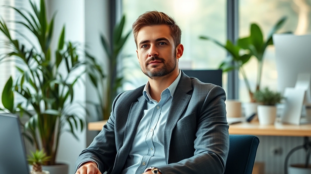 Man in business casual clothing in a peaceful office space with plants, sitting upright with relaxed shoulders, looking directly ahead with clear eyes, soft morning light, calm workspace