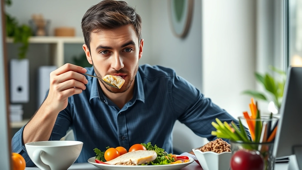 Man eating a nutritious meal with colorful vegetables, fish, and whole grains at his desk, focused expression, fresh food photography, healthy nutrition for brain function, natural daylight