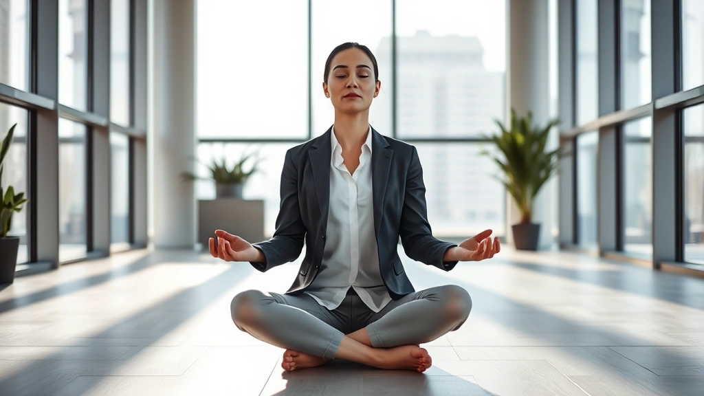 Professional person meditating in a bright modern office with floor-to-ceiling windows, sitting cross-legged on floor, peaceful posture, natural light emphasizing tranquility and mental clarity