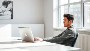Person sitting at clean minimalist desk with natural window light, focused on laptop work, calm concentrated expression, bright modern office environment, photorealistic