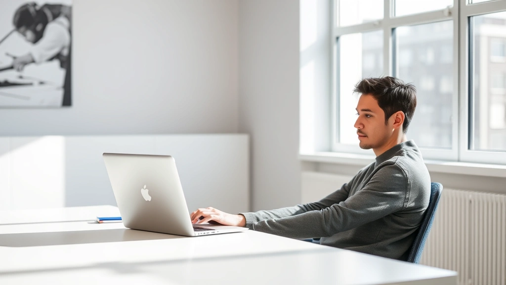 Person sitting at clean minimalist desk with natural window light, focused on laptop work, calm concentrated expression, bright modern office environment, photorealistic