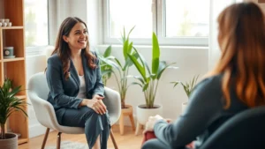 Professional therapist in consultation room with warm lighting, client sitting comfortably, peaceful indoor setting, natural window light, plants visible, calming environment, focus on supportive conversation space