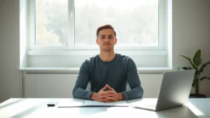 Person sitting at a minimalist desk in bright natural light, hands resting peacefully, looking calm and focused with clear workspace in soft morning sunlight