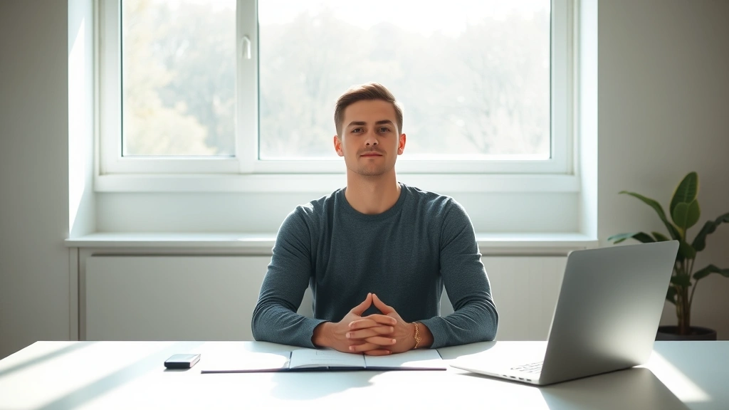Person sitting at a minimalist desk in bright natural light, hands resting peacefully, looking calm and focused with clear workspace in soft morning sunlight