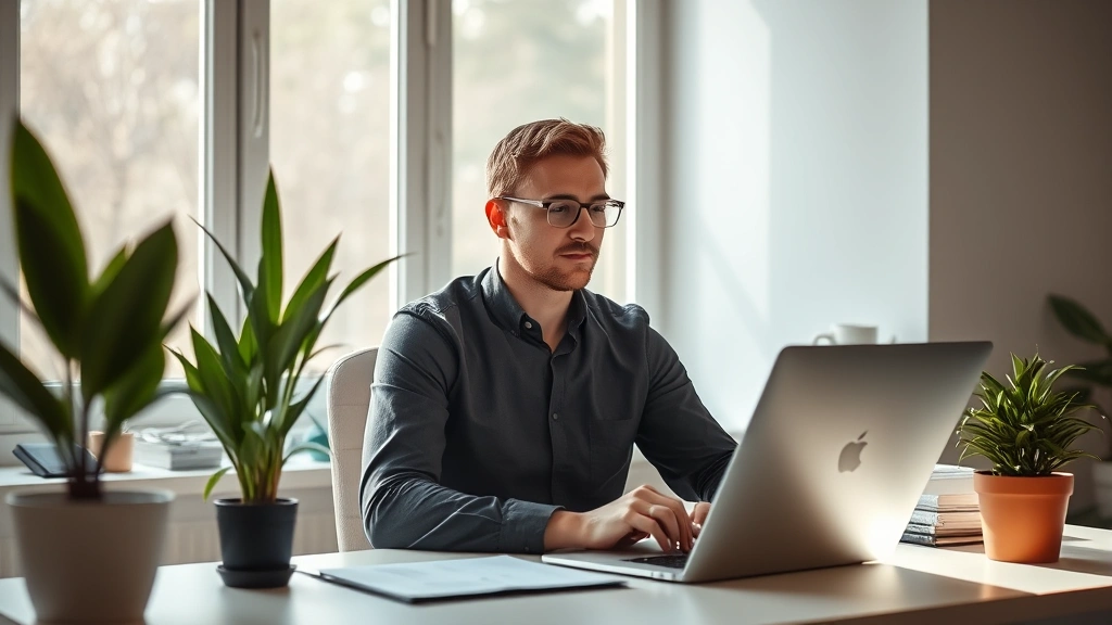 Professional in a minimalist, sunlit home office with plants, sitting at a clean desk in deep concentration, natural window light streaming across face showing calm focus, no visible screens or distractions