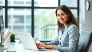 Professional woman in modern office sitting at desk with laptop, eyes focused and alert, natural lighting from window, calm organized workspace, subtle smile of concentration, no visible text or clock