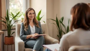 Professional female therapist sitting in warm, naturally lit office with soft armchair, notepad, calm expression, serene plants visible, warm neutral tones, client perspective