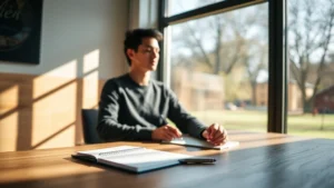 Person sitting peacefully at wooden desk by large window, morning sunlight streaming in, notebook and pen in soft focus beside them, calm professional environment, natural lighting emphasizing serenity and concentration