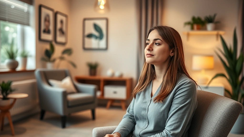 Professional therapist's office with warm lighting, comfortable seating, and calming decor, person sitting peacefully with relaxed posture and focused expression