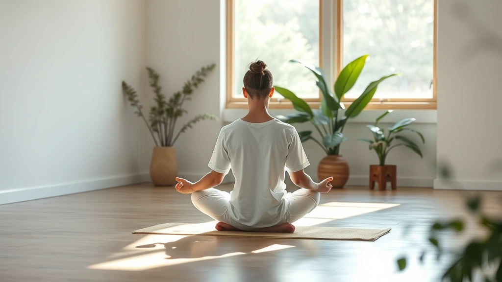 Individual meditating in serene peaceful space with soft natural lighting, cross-legged position, relaxed posture, botanical elements visible, tranquil atmosphere, photorealistic