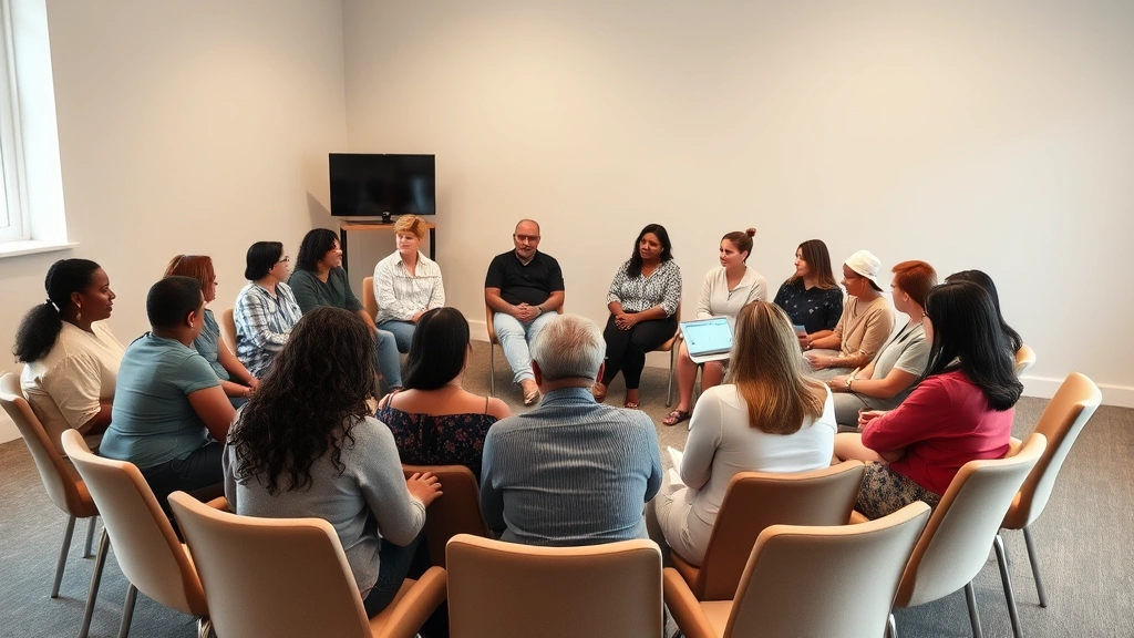 Group of diverse people in circle formation during support group meeting, sitting on comfortable chairs, inclusive atmosphere, neutral calm room setting, sense of community and connection, no visible screens or text