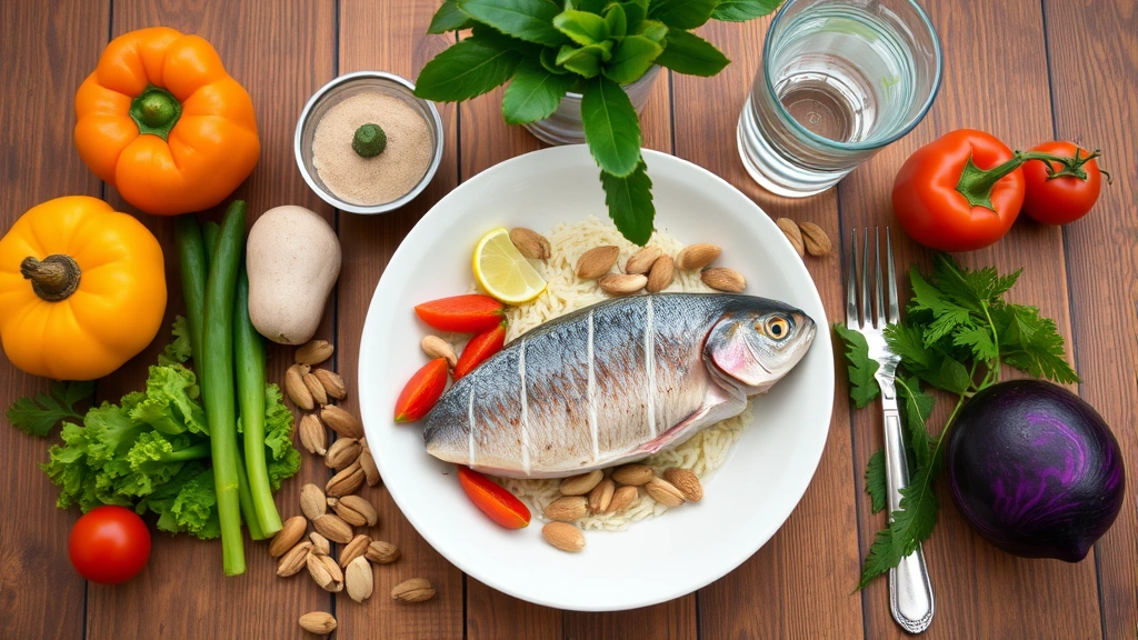 Top-down view of healthy meal components: colorful vegetables, nuts, fish, water glass arranged on wooden table with plant in background