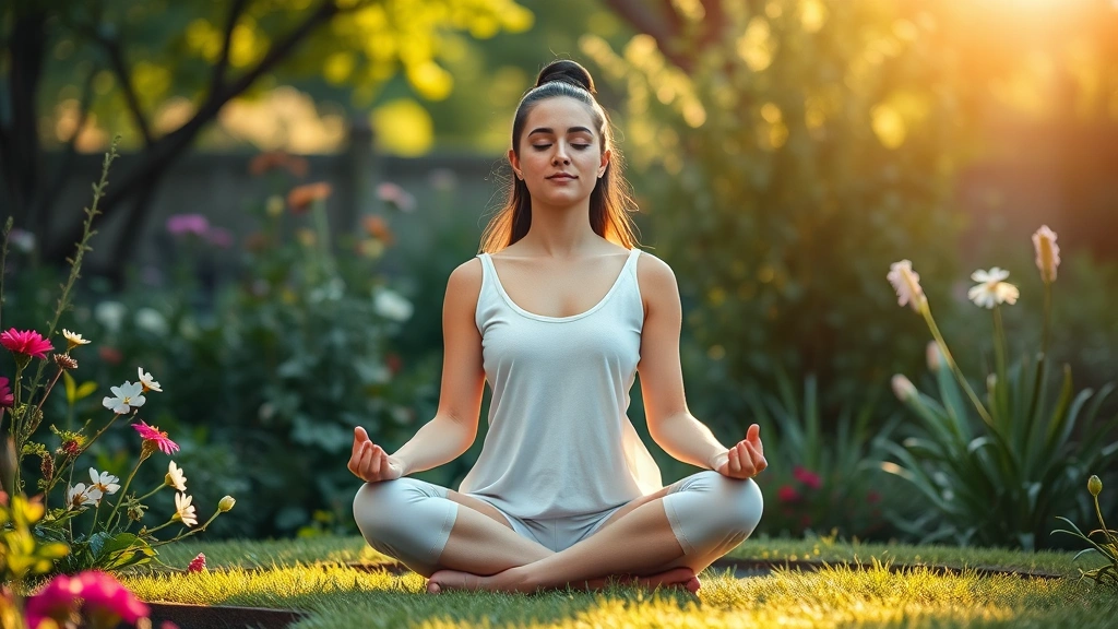 Peaceful person sitting cross-legged in meditation pose in a serene natural garden setting with soft morning light, surrounded by flowers and greenery, eyes gently closed, embodying mindfulness and mental clarity