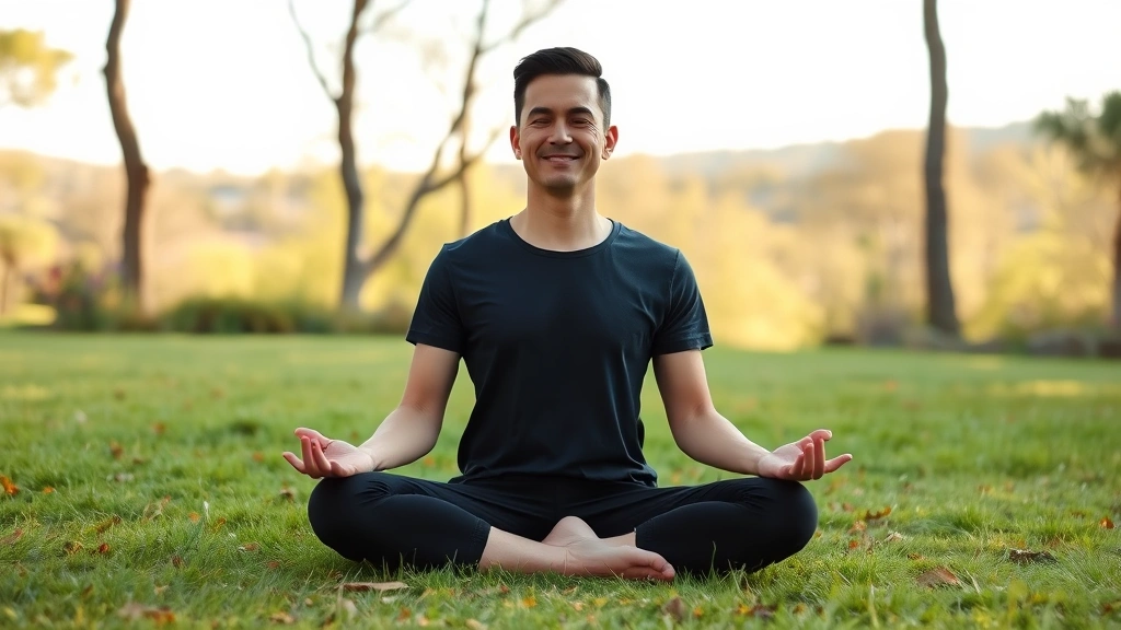 Person meditating outdoors in peaceful garden setting, sitting cross-legged on grass, trees and natural landscape in background, serene expression, golden hour lighting, hands resting on knees