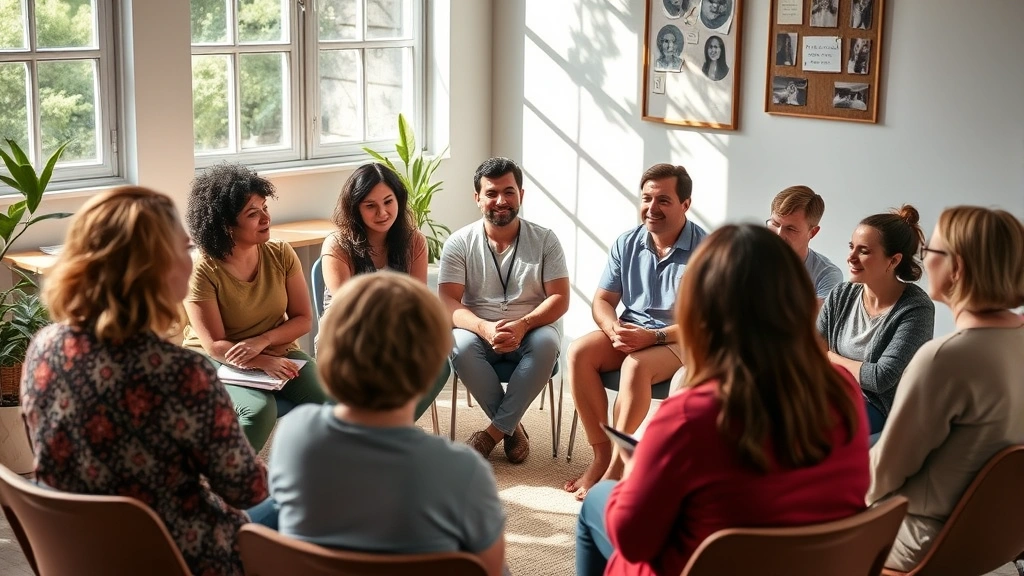 Diverse group of people sitting in supportive circle during community mental health support meeting, engaged expressions, natural lighting, authentic connection visible