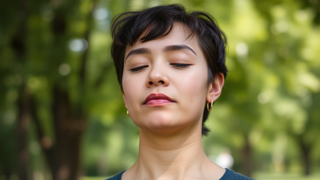 Close-up of person meditating outdoors in park setting, eyes gently closed, surrounded by blurred green foliage, natural daylight, peaceful facial expression demonstrating mindfulness and mental clarity