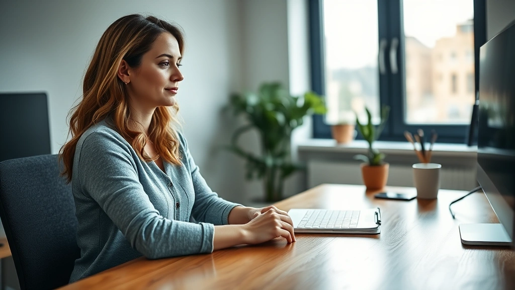 Woman at wooden desk in quiet workspace, hands resting peacefully, looking calm and focused, bright window with natural light, serene office environment, high-quality photography