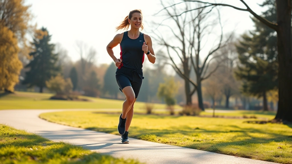 Person jogging outdoors on sunny day through park setting, athletic wear, energetic movement, natural landscape background, morning light, healthy active lifestyle, photorealistic