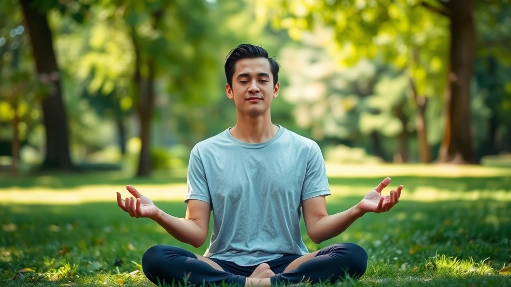Person meditating peacefully in natural outdoor setting, surrounded by greenery, calm expression, natural daylight, park or garden environment, serene posture suggesting mental clarity and wellbeing