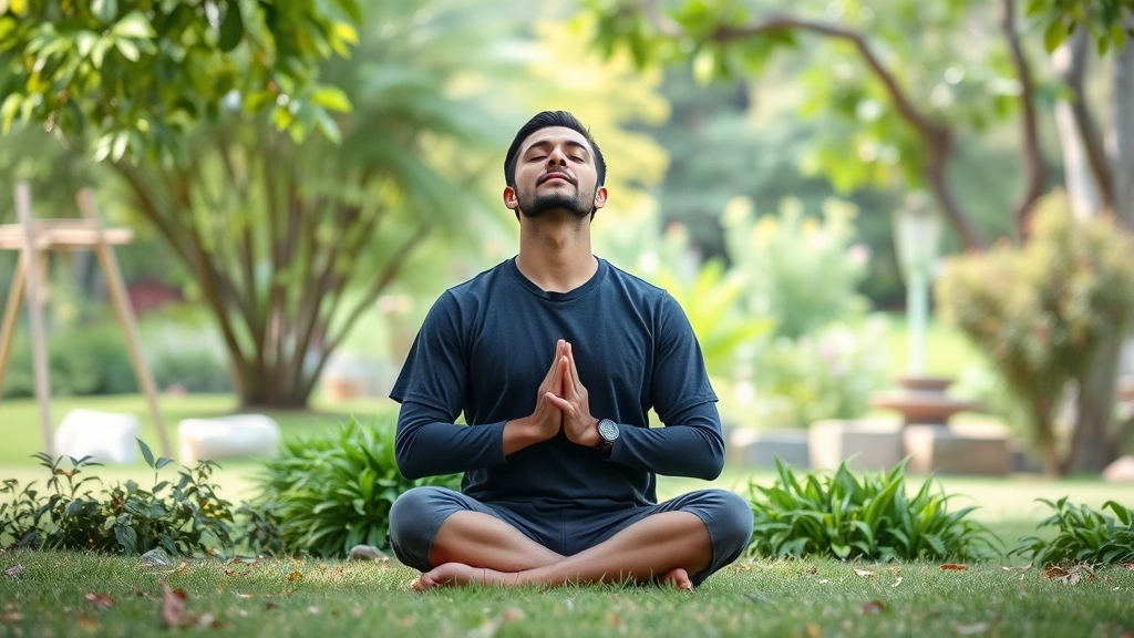Individual meditating outdoors in garden or park setting, sitting peacefully with eyes closed, surrounded by green foliage and natural calm environment