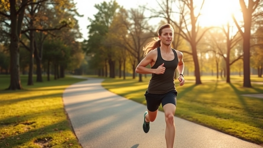 Fit individual jogging through a beautiful park with trees and natural landscape, morning sunlight, showing physical health and wellness contributing to mental clarity and cognitive function