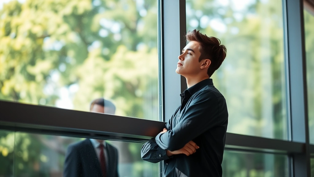 Young professional taking a break from work, standing by large window looking outside at nature, relaxed posture, sunlight streaming in, blurred green trees visible through glass, peaceful contemplative expression