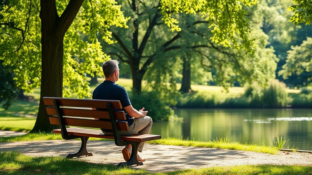Person sitting peacefully on park bench surrounded by nature, sunlight filtering through trees, contemplative posture, calm water or garden background, outdoor wellbeing scene