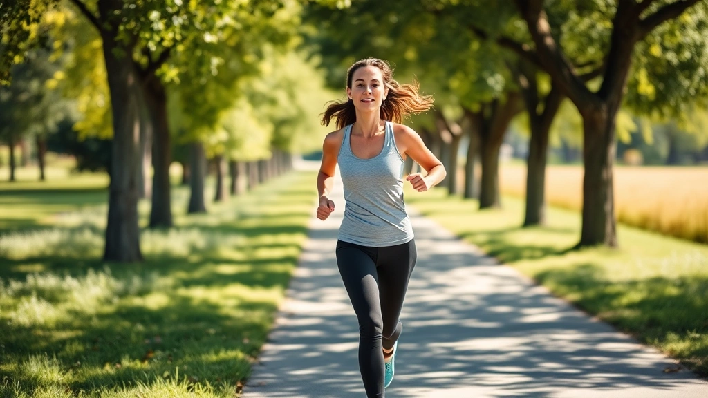 Woman exercising outdoors on sunny day, running or jogging on tree-lined path, energetic movement captured mid-stride, natural environment, demonstrating physical activity supporting mental wellness and focus