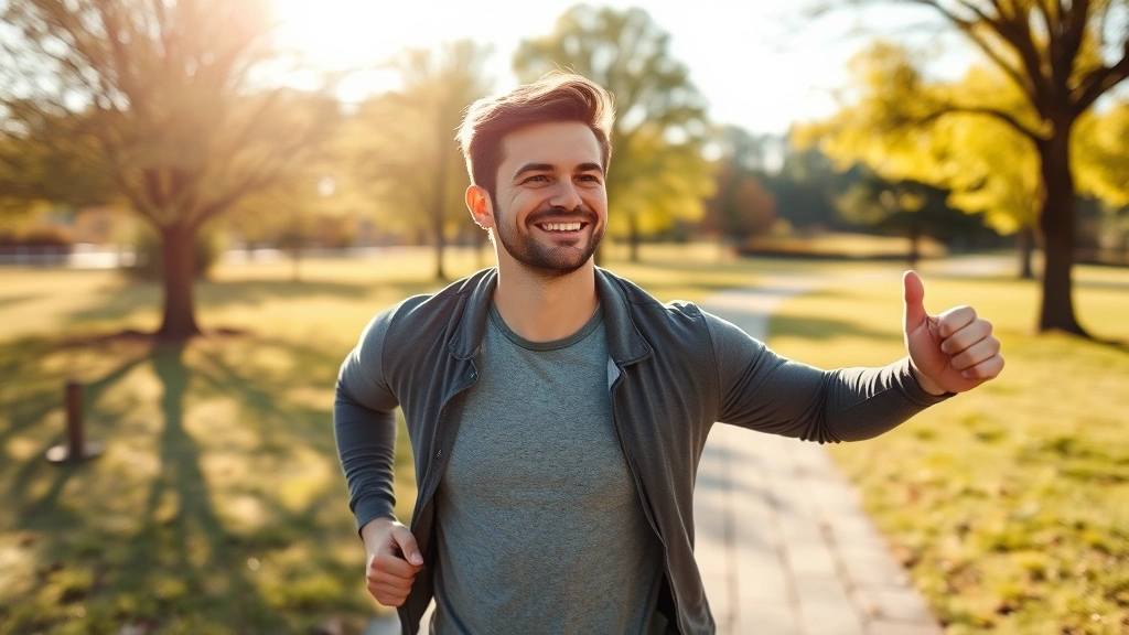 Individual exercising outdoors on sunny day, showing energetic movement and positive mental state, peaceful natural environment with trees and open space