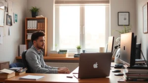Professional workspace with minimal clutter, natural lighting from window, person sitting at desk with focused expression, warm neutral tones, organized minimal desk setup, morning sunlight streaming in