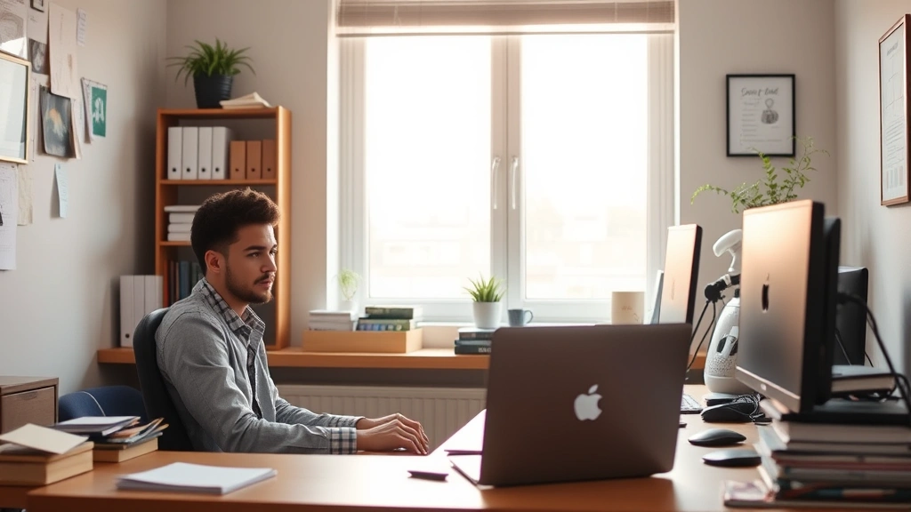 Professional workspace with minimal clutter, natural lighting from window, person sitting at desk with focused expression, warm neutral tones, organized minimal desk setup, morning sunlight streaming in