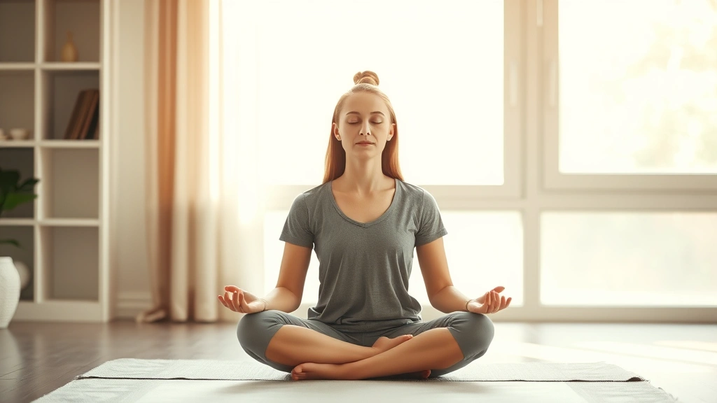 Person meditating in peaceful indoor environment, soft natural lighting, calm facial expression, seated in comfortable position, minimalist room background, peaceful atmosphere conveying mental clarity