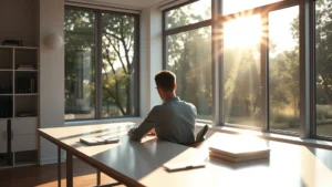 A person sitting in a bright, minimalist workspace with large windows overlooking trees, sunlight streaming across a clean desk, deeply focused on work with relaxed posture, warm natural lighting creating calm atmosphere, photorealistic professional environment