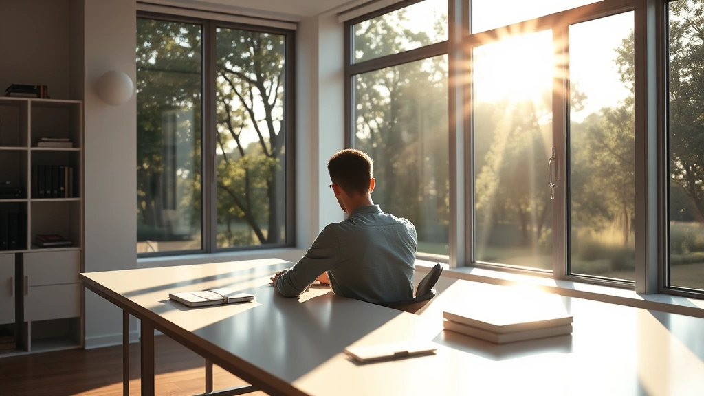 A person sitting in a bright, minimalist workspace with large windows overlooking trees, sunlight streaming across a clean desk, deeply focused on work with relaxed posture, warm natural lighting creating calm atmosphere, photorealistic professional environment