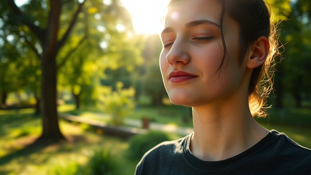 Close-up of someone meditating outdoors in a natural park setting, morning light filtering through trees, peaceful facial expression, surrounded by green foliage and natural scenery, photorealistic serene moment, no text or clocks visible