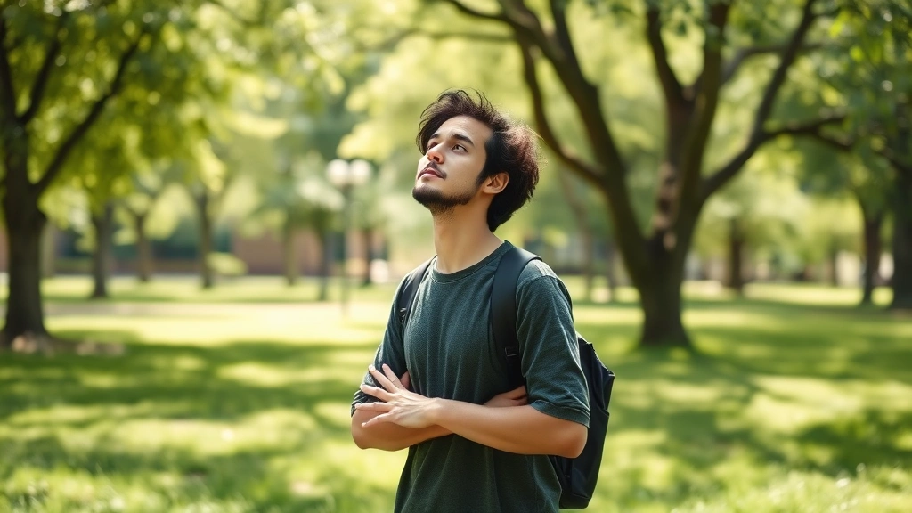 An individual taking a break outdoors in a green space, standing near trees and grass, looking refreshed and alert, natural daylight, calm natural environment supporting mental restoration and attention recovery, photorealistic wellness moment