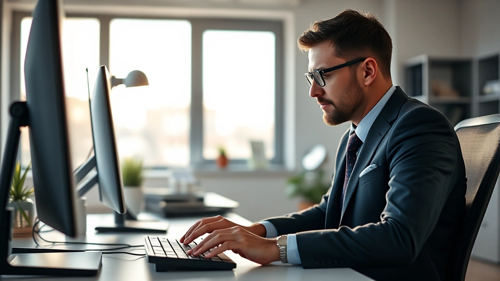 Professional at desk with focused, concentrated expression during deep work session, natural morning light, serene office setting, hands positioned on keyboard, photorealistic