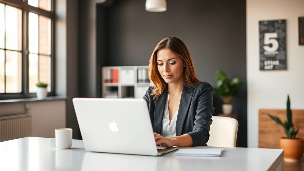 Professional woman sitting at minimalist desk in modern Chicago office, deep in concentration with laptop, warm natural light from windows, calm focused expression, clean organized workspace