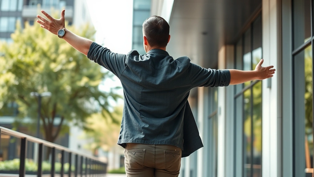 Person taking a walking break outside modern building, stretching arms, natural daylight, relaxed posture, green urban environment visible, transition moment between work blocks