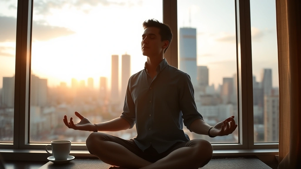 Morning routine scene: person meditating or practicing deep breathing by a window with city skyline, peaceful expression, coffee cup nearby, sunrise lighting, calm professional environment