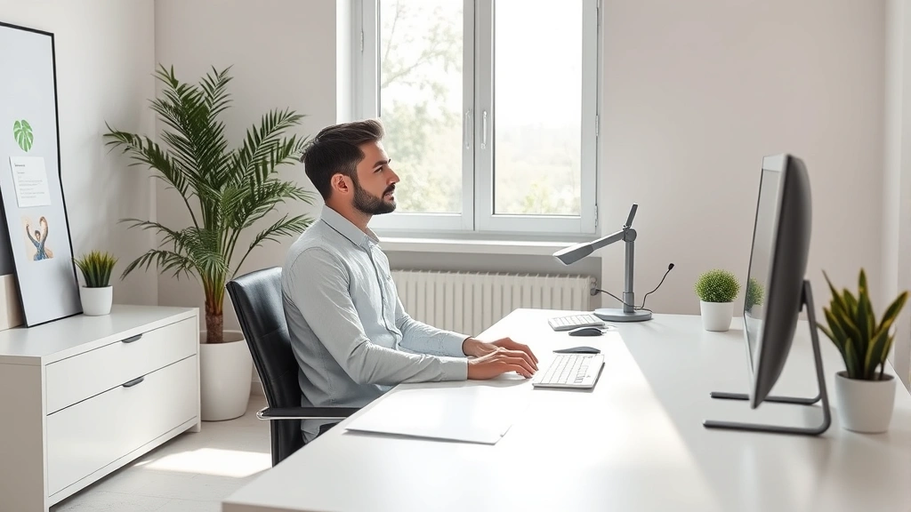Professional workspace with minimalist desk, person sitting upright with focused expression, natural window light streaming in, calm neutral colors, plants visible, no screens or text visible, photorealistic