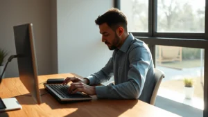 Person in deep concentration at wooden desk by large window, natural light streaming in, peaceful expression, hands on keyboard, minimalist calm workspace, photorealistic professional setting