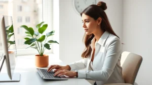 Professional woman sitting at minimalist desk with plant, natural window light, focused expression, hands on keyboard, calm organized workspace, soft shadows, photorealistic