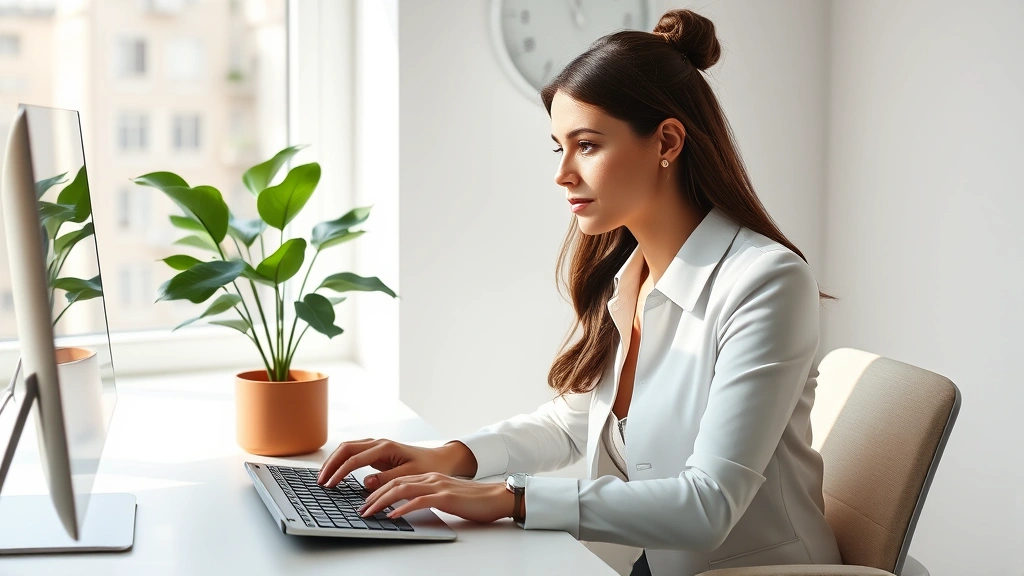Professional woman sitting at minimalist desk with plant, natural window light, focused expression, hands on keyboard, calm organized workspace, soft shadows, photorealistic